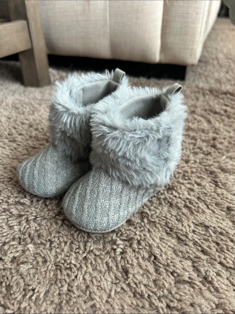 Rising Star Plush Faux-Fur Knit Booties - Light Gray